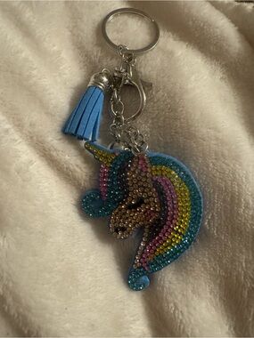 Rhinestone Blue Unicorn Keychain with Tassel